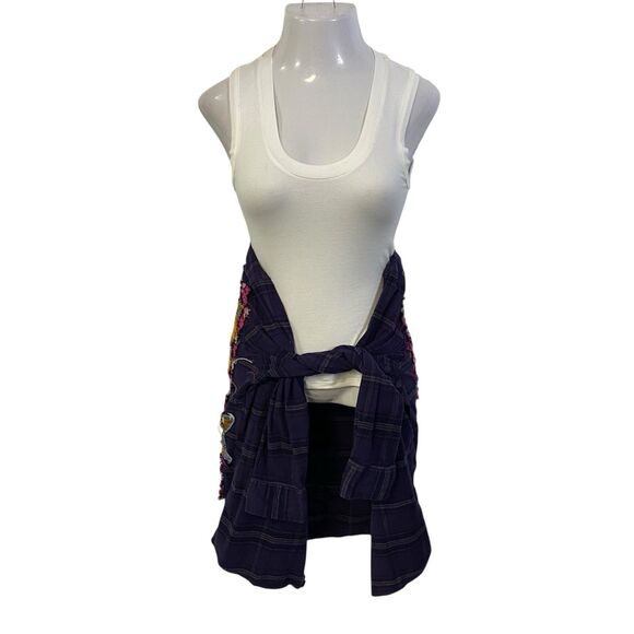 Upcycled Flannel Shirt Shacket Womens XL Dragon Grunge Purple Patchwork Folk Art - Picture 10 of 14